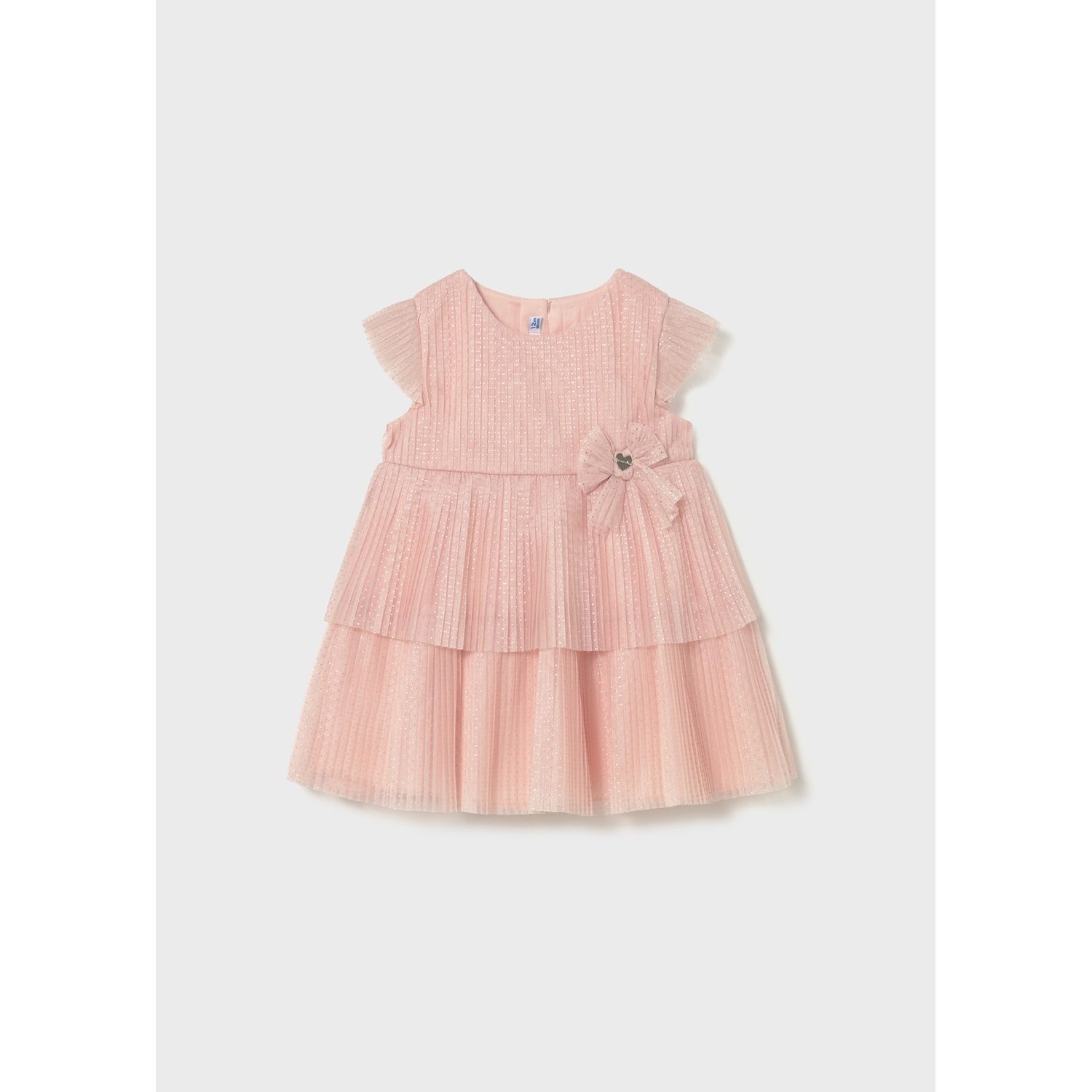 PINK PLEATED TULLE DRESS LAYERED BOW TRIM / 1908-037