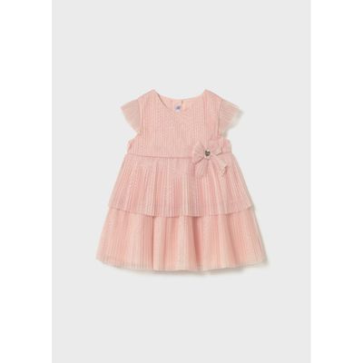 PINK PLEATED TULLE DRESS LAYERED BOW TRIM / 1908-037