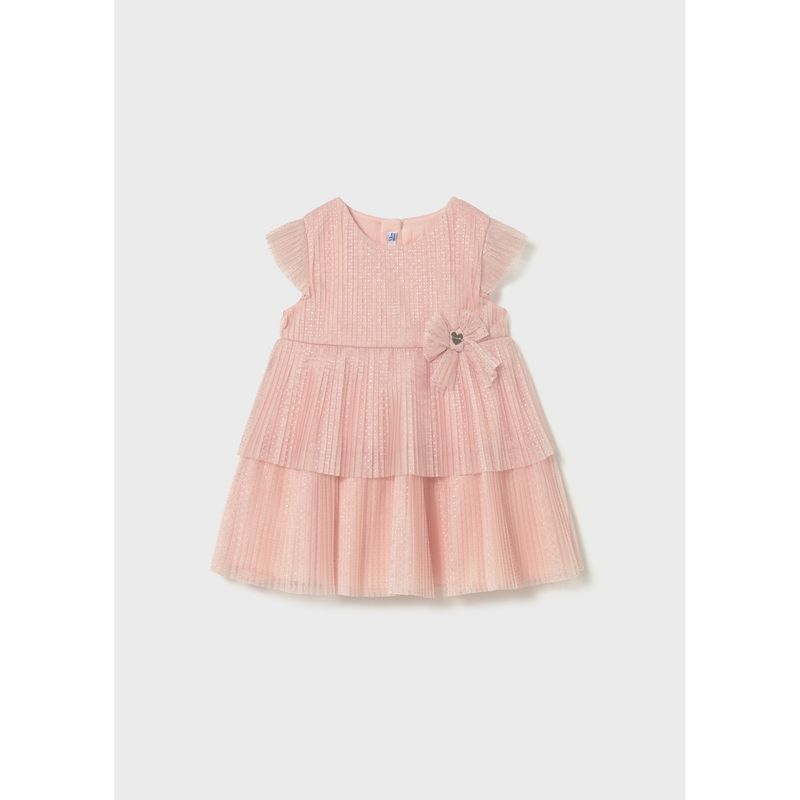 PINK PLEATED TULLE DRESS LAYERED BOW TRIM / 1908-037