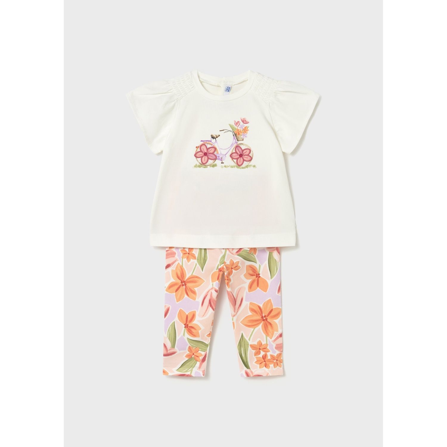 2PC CREAM & FLORAL LEGGING SET BICYCLE & FLOWER APPLIQUE / 1747-028