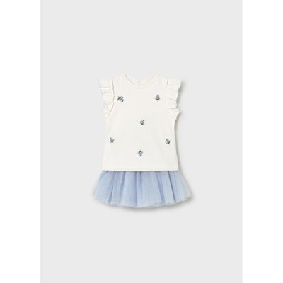 2PC CREAM & BLUE TULLE SKIRT SET FLOWER EMBROIDERY / 1933-045