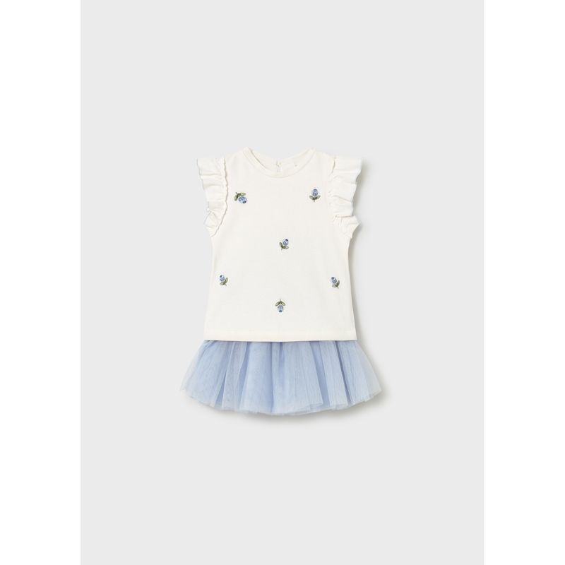 2PC CREAM & BLUE TULLE SKIRT SET FLOWER EMBROIDERY / 1933-045