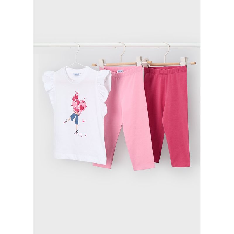 3PC WHITE & PINK LEGGING SET HEART PRINT 2 LEGGINGS / 3729-010