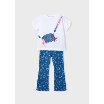 2PC WHITE & DENIM PRINT LEGGING SET HEART PRINT / 3730-015