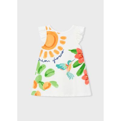 OFF WHITE DRESS YELLOW SUN & BIRD PRINT / 3934-087
