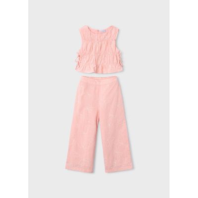 2PC LIGHT PEACH PANT SET WHITE PATTERN RIBBED BODICE / 3592-077