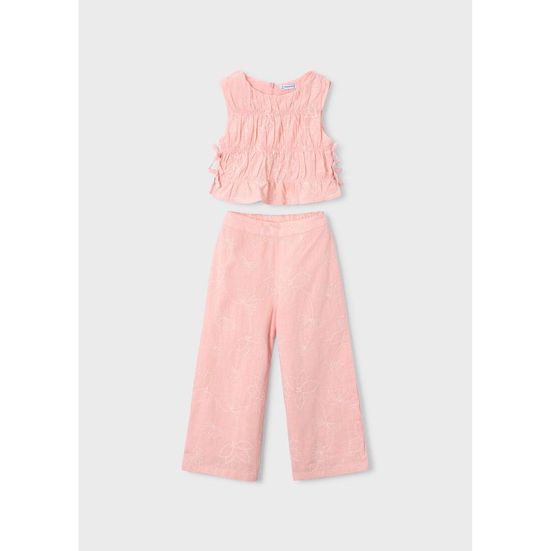 2PC LIGHT PEACH PANT SET WHITE PATTERN RIBBED BODICE / 3592-077