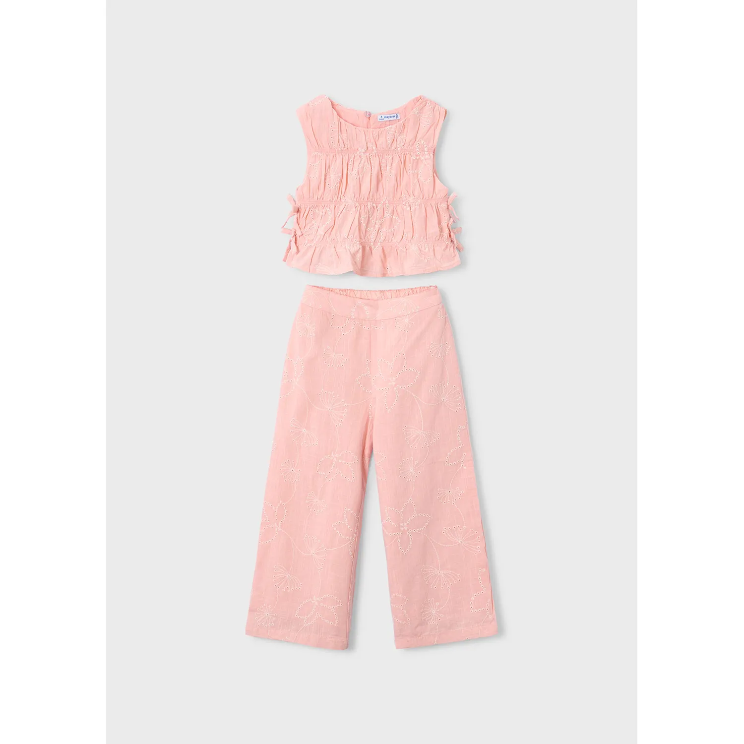 2PC LIGHT PEACH PANT SET WHITE PATTERN RIBBED BODICE / 3592-077