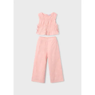 2PC LIGHT PEACH PANT SET WHITE PATTERN RIBBED BODICE / 3592-077