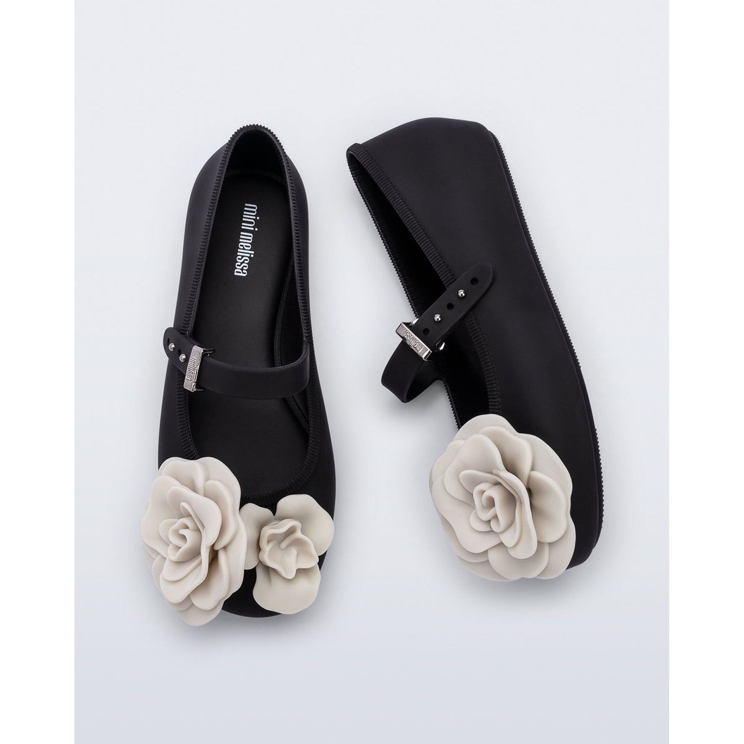 BLACK & BEIGE SHOE BALLERINA BEIGE PETAL FLOWER APPLIQUE / 37822-B0993