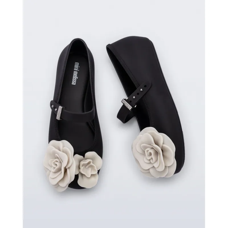 BLACK & BEIGE SHOE BALLERINA BEIGE PETAL FLOWER APPLIQUE / 37822-B0993