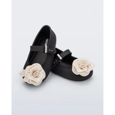 BLACK & BEIGE BALLERINA SHOE FLOWER APPLIQUE MINI MELISSA / 37823-B0981