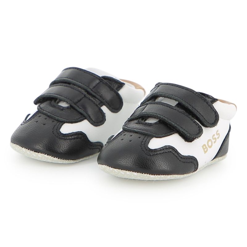 BLACK & WHITE SHOE SOFT SHEEP LEATHER & CANVAS BRWN TRIM BOSS / J83243-09B