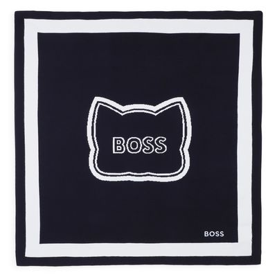 NAVY & LIGHT BLUE KNIT BLANKET BOSS LOGO PRINT / J53095-849
