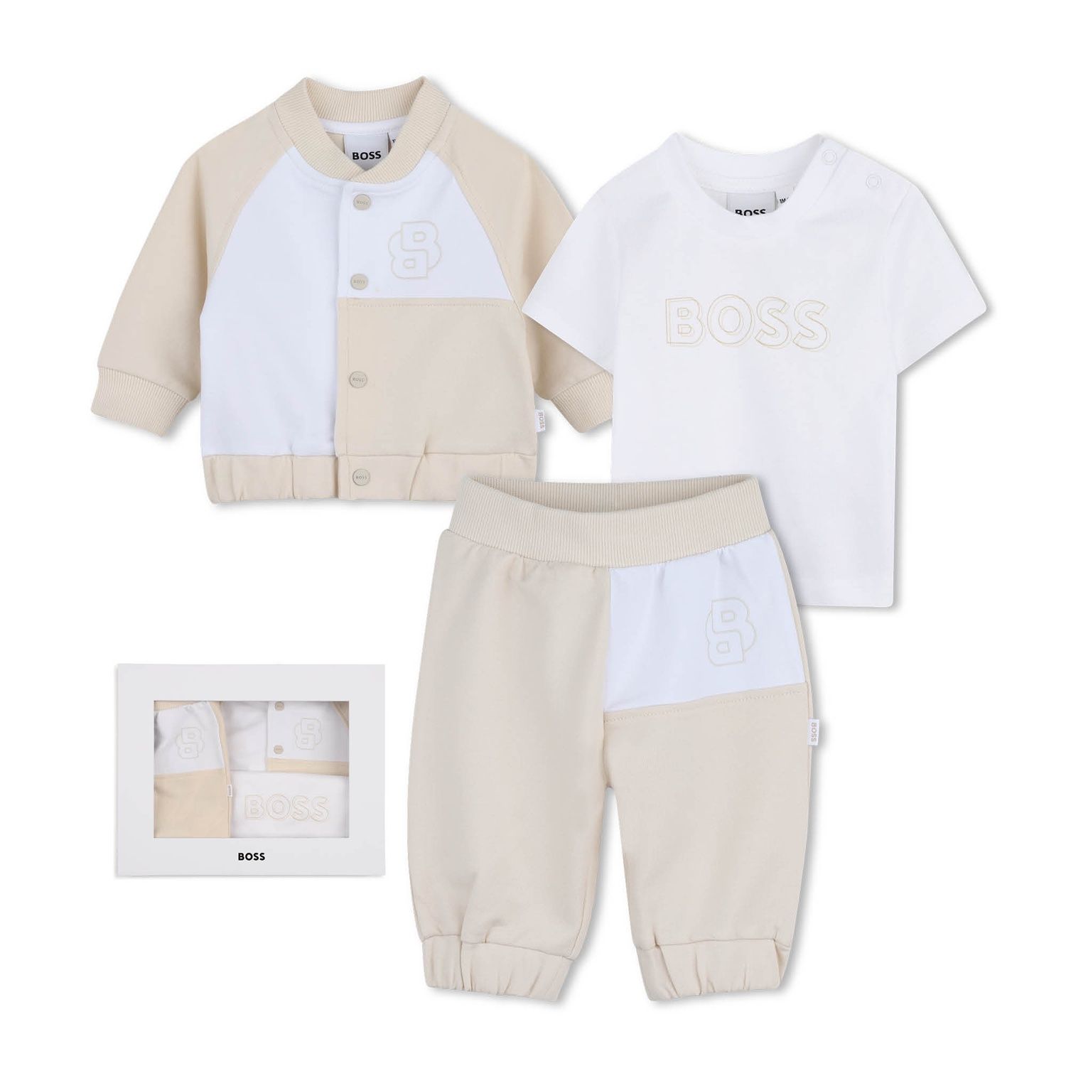 3PC BEIGE & WHITE CARDIGAN TSHIRT & PANT SET / J53049-21K