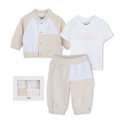 3PC BEIGE & WHITE CARDIGAN TSHIRT & PANT SET / J53049-21K