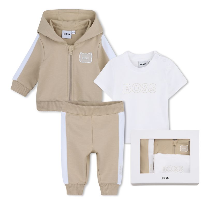 3PC TAN & WHITE HOODED CARDIGAN TSHIRT & PANT SET / J53051-249