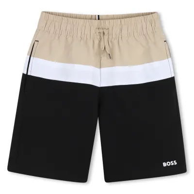 BLACK WHITE TAN SURFER SHORT WITH POCKETS BOSS LOGO / 52903-09B