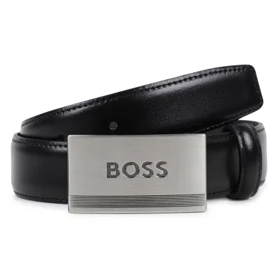 BLACK COW LEATHER BELT METAL SOLID BUCKLE BOSS LOGO / J53150-09B