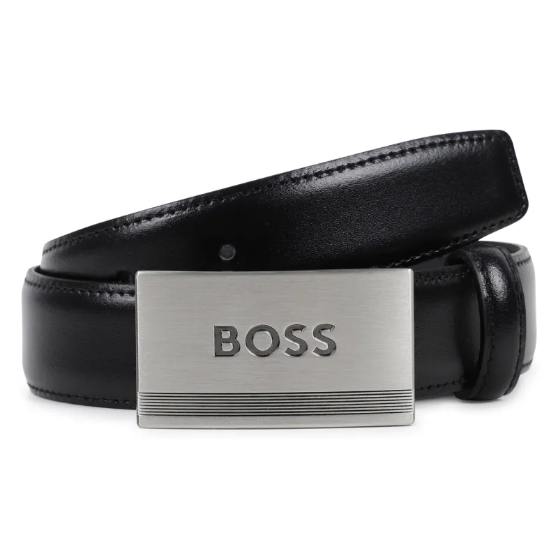 BLACK COW LEATHER BELT METAL SOLID BUCKLE BOSS LOGO / J53150-09B BLACK COW LEATHER BELT METAL SOLID BUCKLE BOSS LOGO / J53150-09B