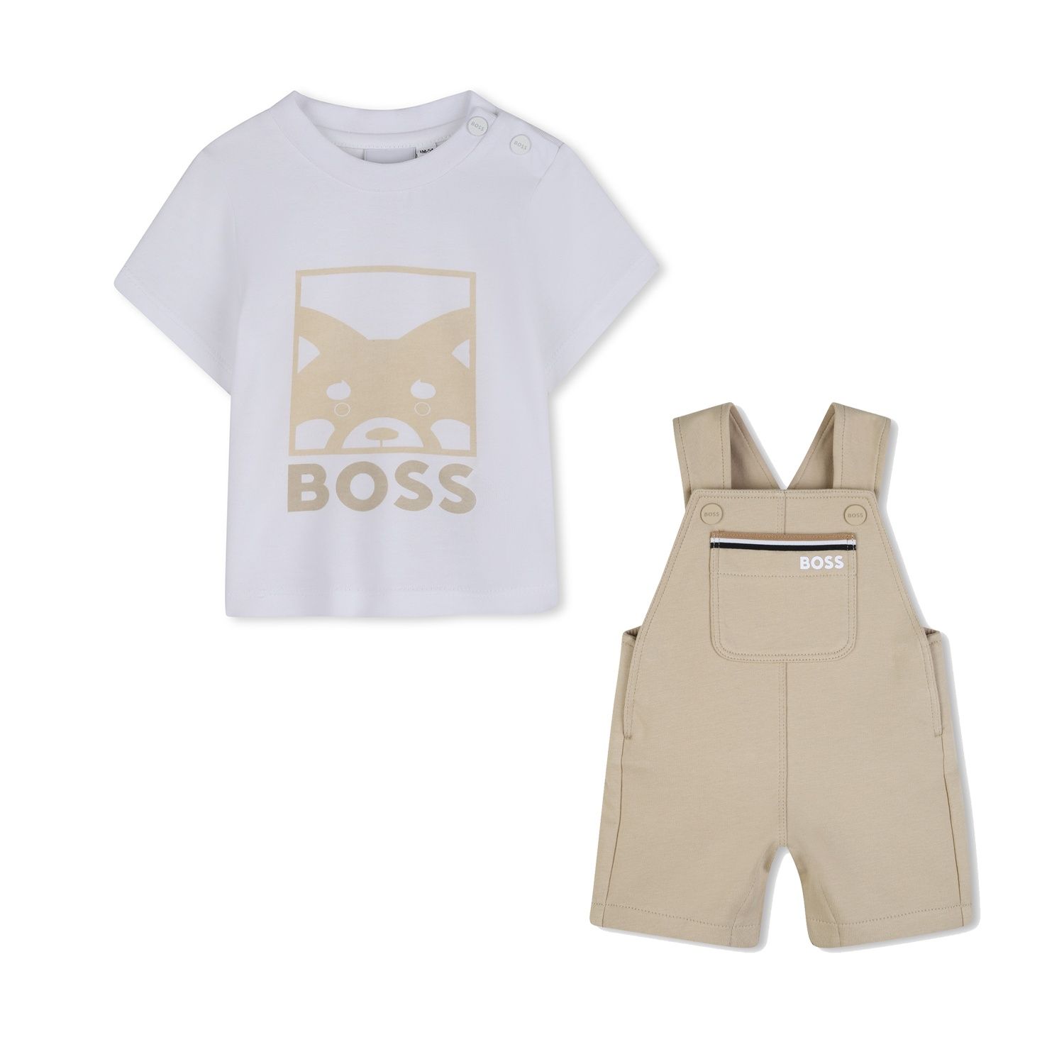 2PC WHITE & TAN SHORT OVERALL SET WHT TSHIRT / J53034-J53035