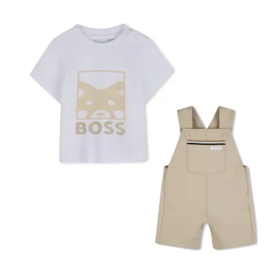 2PC WHITE & TAN SHORT OVERALL SET WHT TSHIRT / J53034-J53035