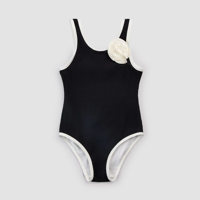 BLACK 1PC SWIMSUIT WHITE FLOWER APPLIQUE & TRIM / 26SMM14M06/K