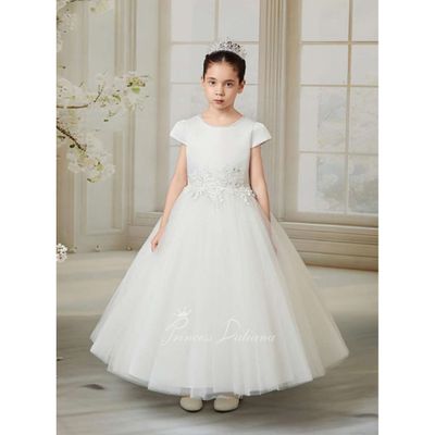 OFF WHITE DRESS SATIN/ TULLE SKIRT LACE WAIST TRIM BACK BOW / D25211-H
