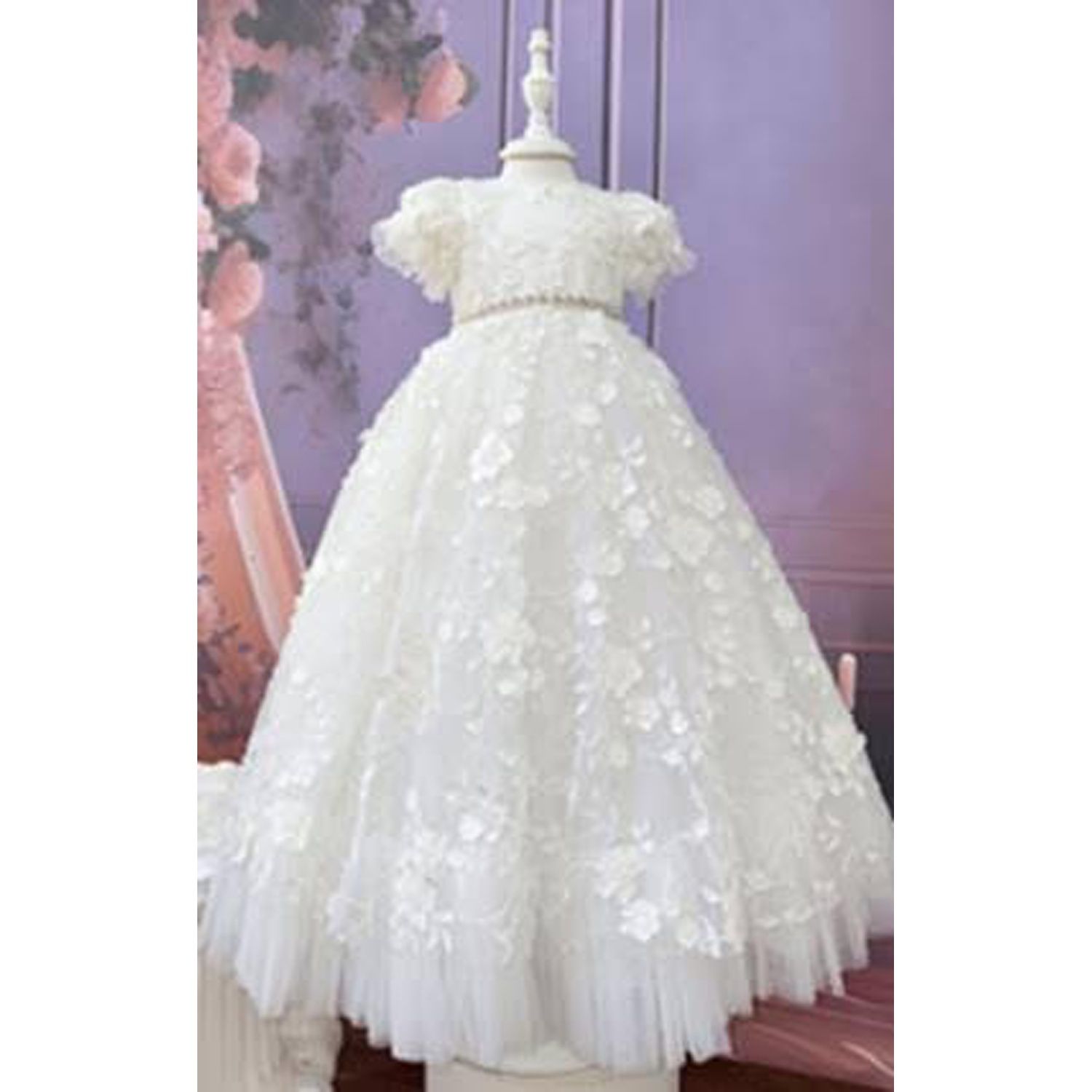 OFF WHITE 2PC ALOVER BEADED LACE GOWN & BONNET TULLE HEM / Y24199