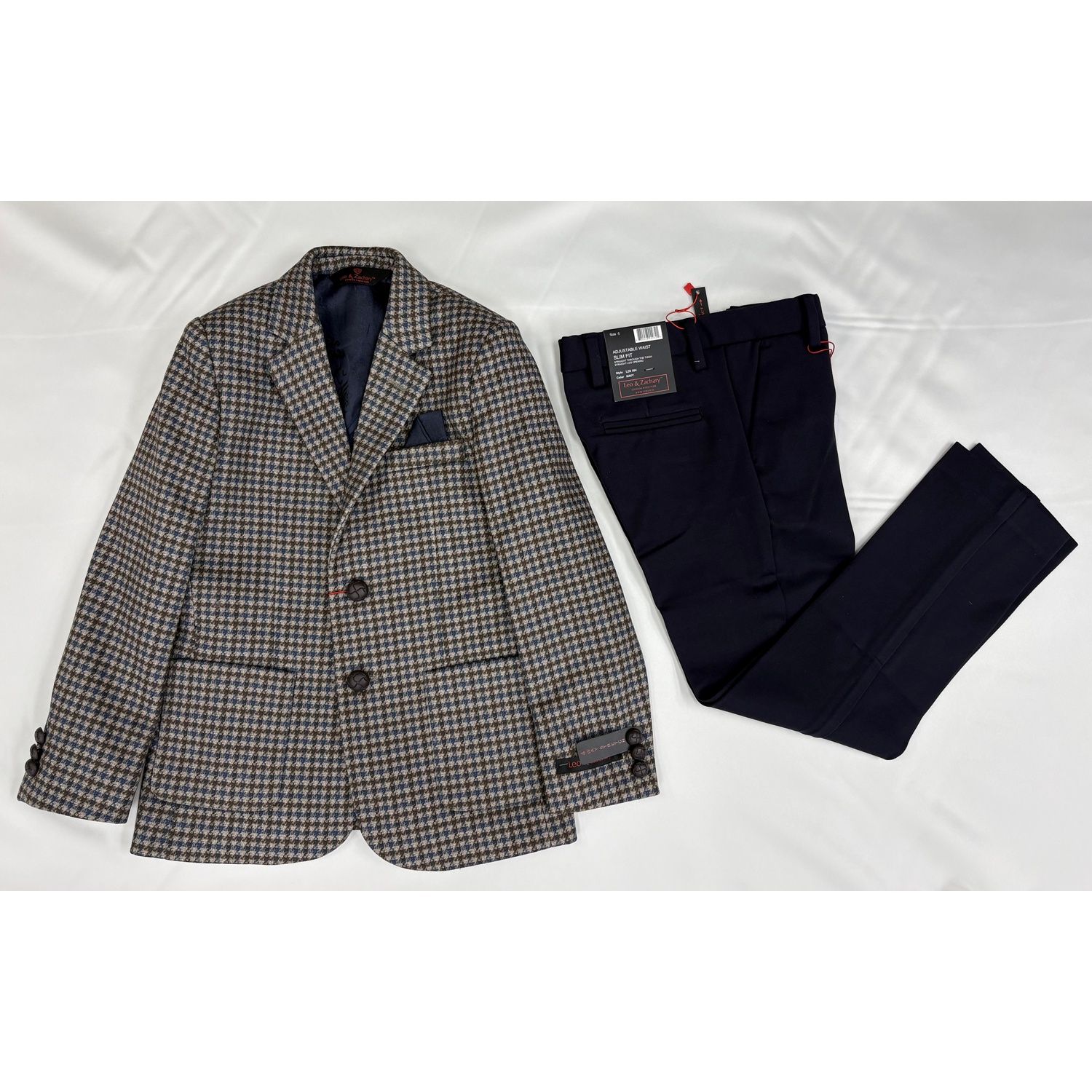 2PC BRWN NAVY BEIGE HOUNDSTOOTH JACKET NAVY PANT / BLZ-5452
