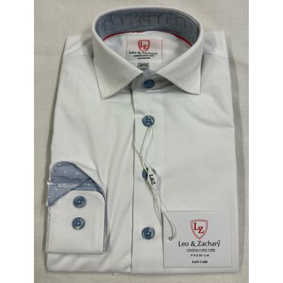WHITE SHIRT LIGHT BLUE BUTTONS & TRIM WRINKLE FREE / P-5547