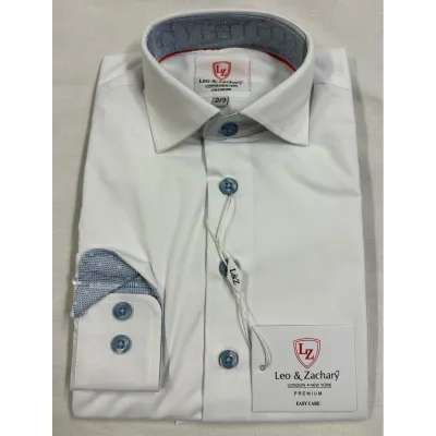 WHITE SHIRT LIGHT BLUE BUTTONS & TRIM WRINKLE FREE / P-5547