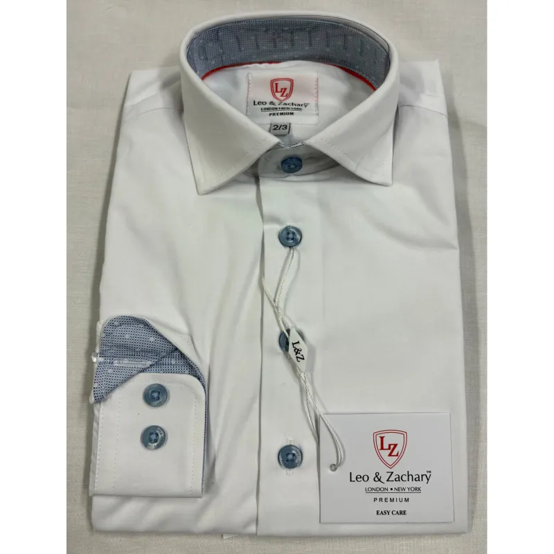 WHITE SHIRT LIGHT BLUE BUTTONS & TRIM WRINKLE FREE / P-5547