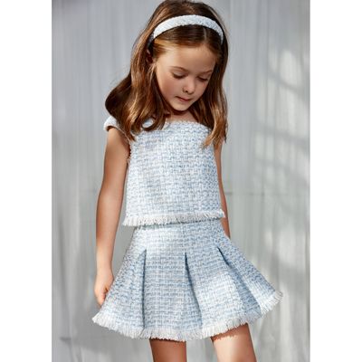 SKY BLUE 2PC TWEED SKIRT SET OFF WHITE FRINGE TRIM PLEATED / 5059-011