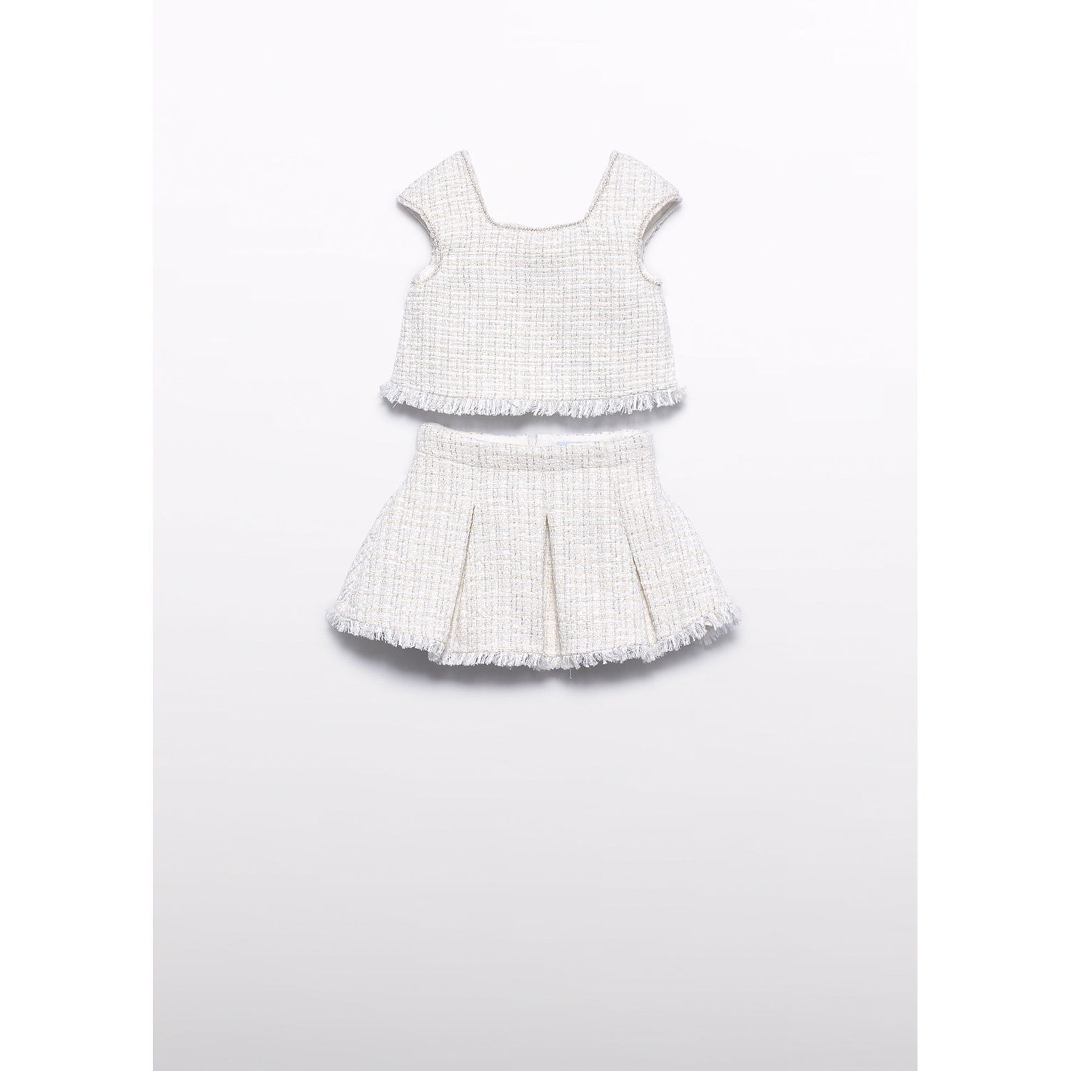 2PC CREAM & SILVER TWEED SKIRT SET PLEATED FRINGE TRIM / 5059-010