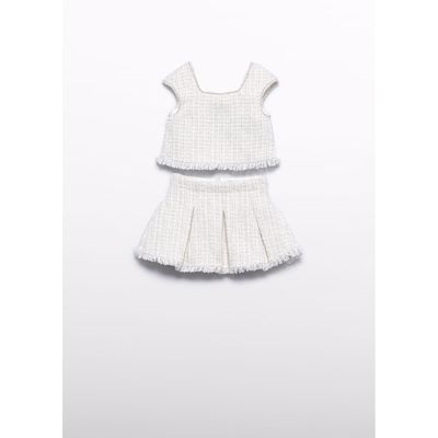 2PC CREAM & SILVER TWEED SKIRT SET PLEATED FRINGE TRIM / 5059-010