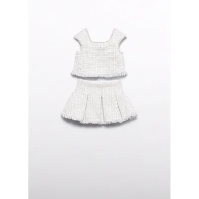 2PC CREAM & SILVER TWEED SKIRT SET PLEATED FRINGE TRIM / 5059-010