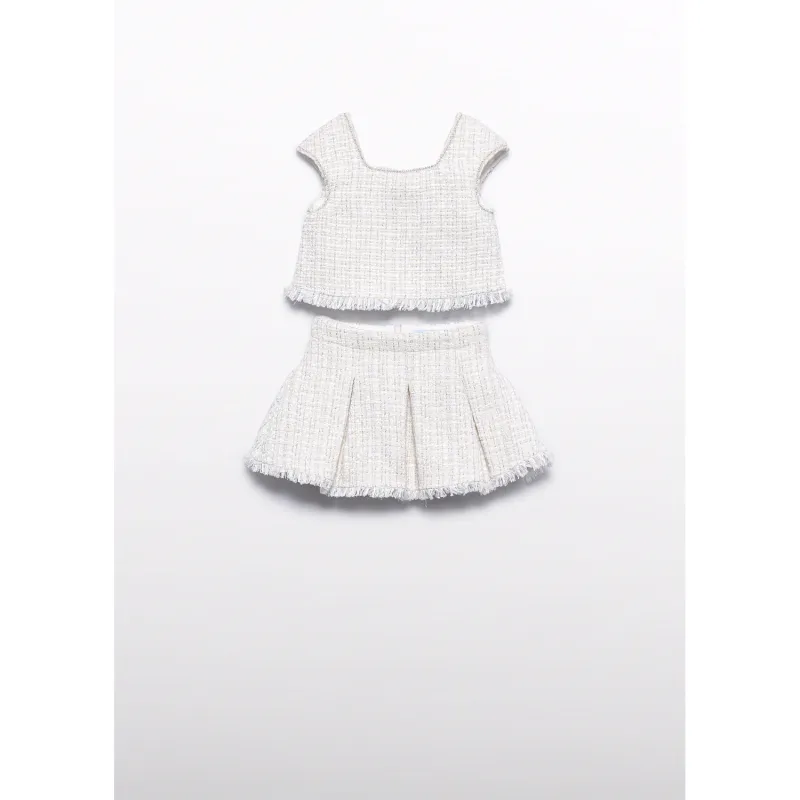 2PC CREAM & SILVER TWEED SKIRT SET PLEATED FRINGE TRIM / 5059-010