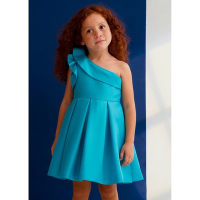 TURQUOISE ASYMMETRIC DRESS PLEATED FRILL CAP SLEEVE / 5045-081