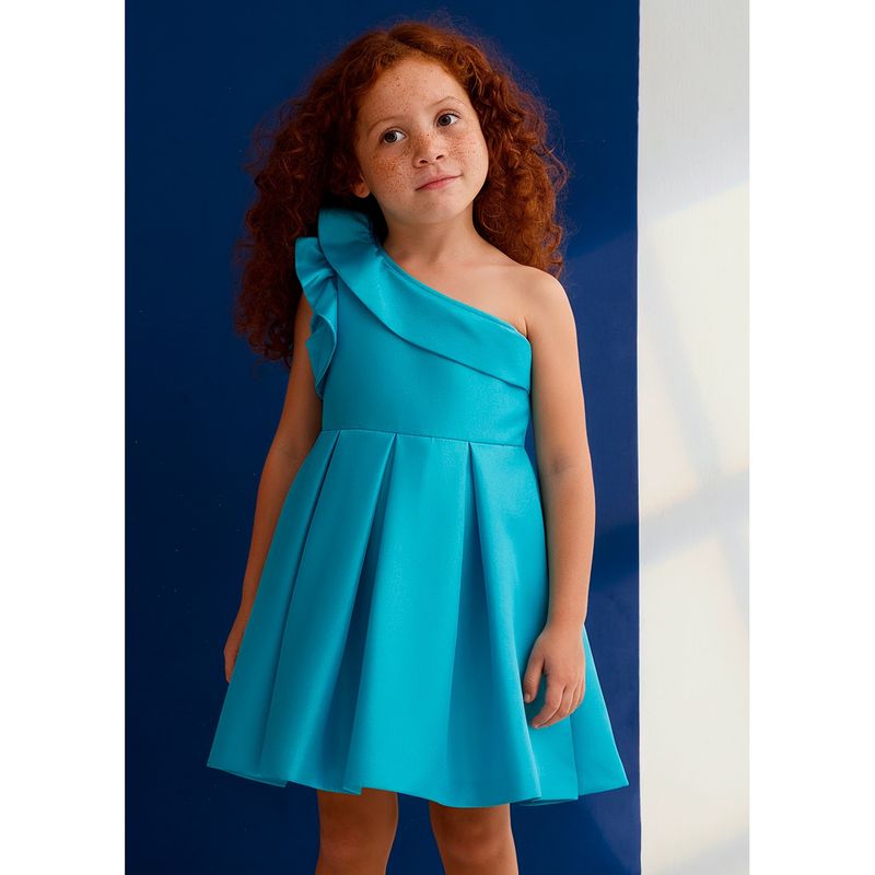 TURQUOISE ASYMMETRIC DRESS PLEATED FRILL CAP SLEEVE / 5045-081