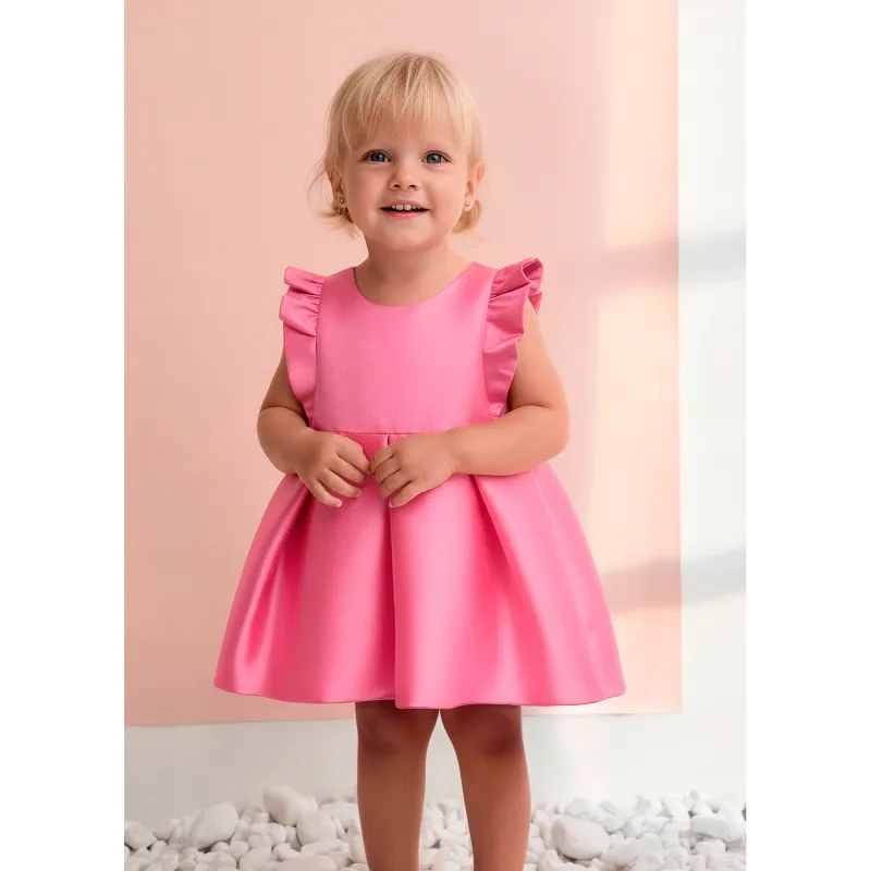 PINK TAFFETA DRESS WITH PLEATS CAP SLEEVES / 5019-002