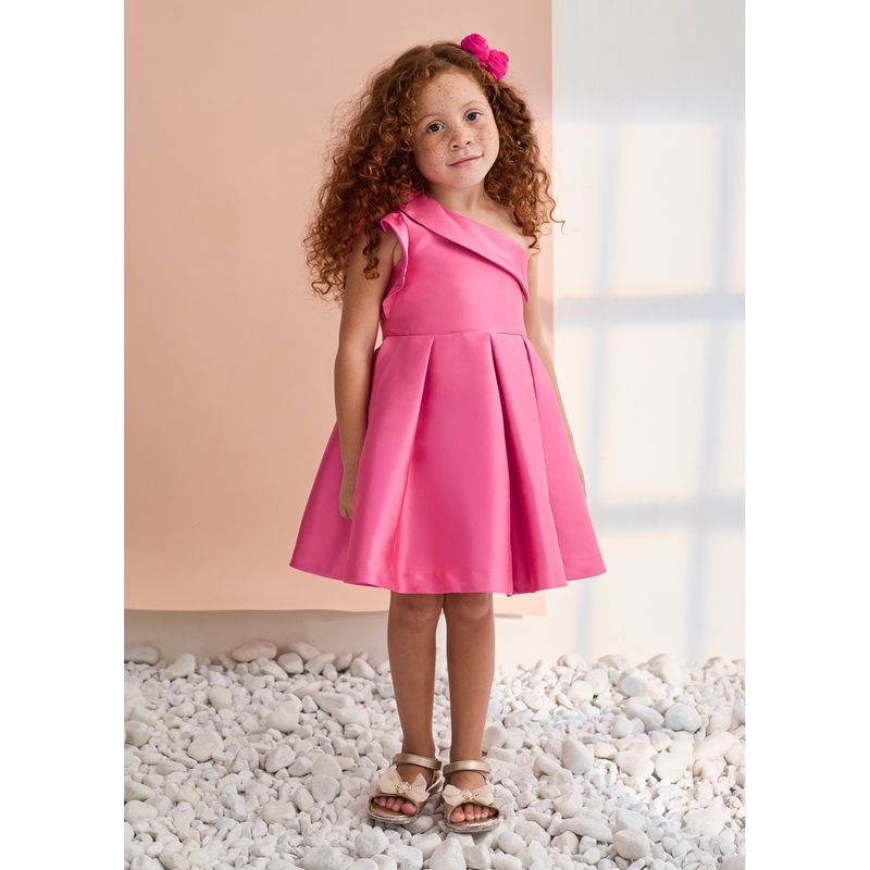 HOT PINK TAFFETA DRESS PLEATED OFF THE SHOULDER FRILL CAP SLEEVE / 5045-080