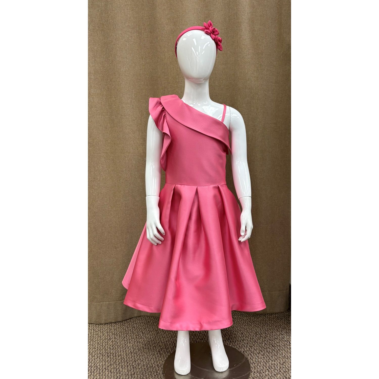 HOT PINK TAFFETA DRESS PLEATED OFF THE SHOULDER FRILL CAP SLEEVE / 5045-080