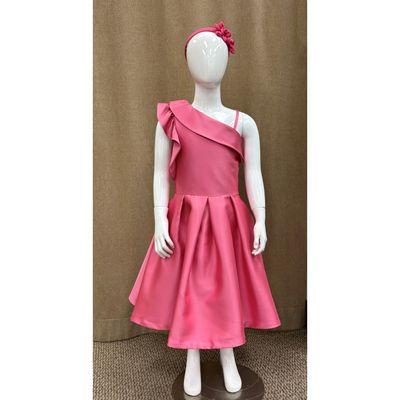 HOT PINK TAFFETA DRESS PLEATED OFF THE SHOULDER FRILL CAP SLEEVE / 5045-080