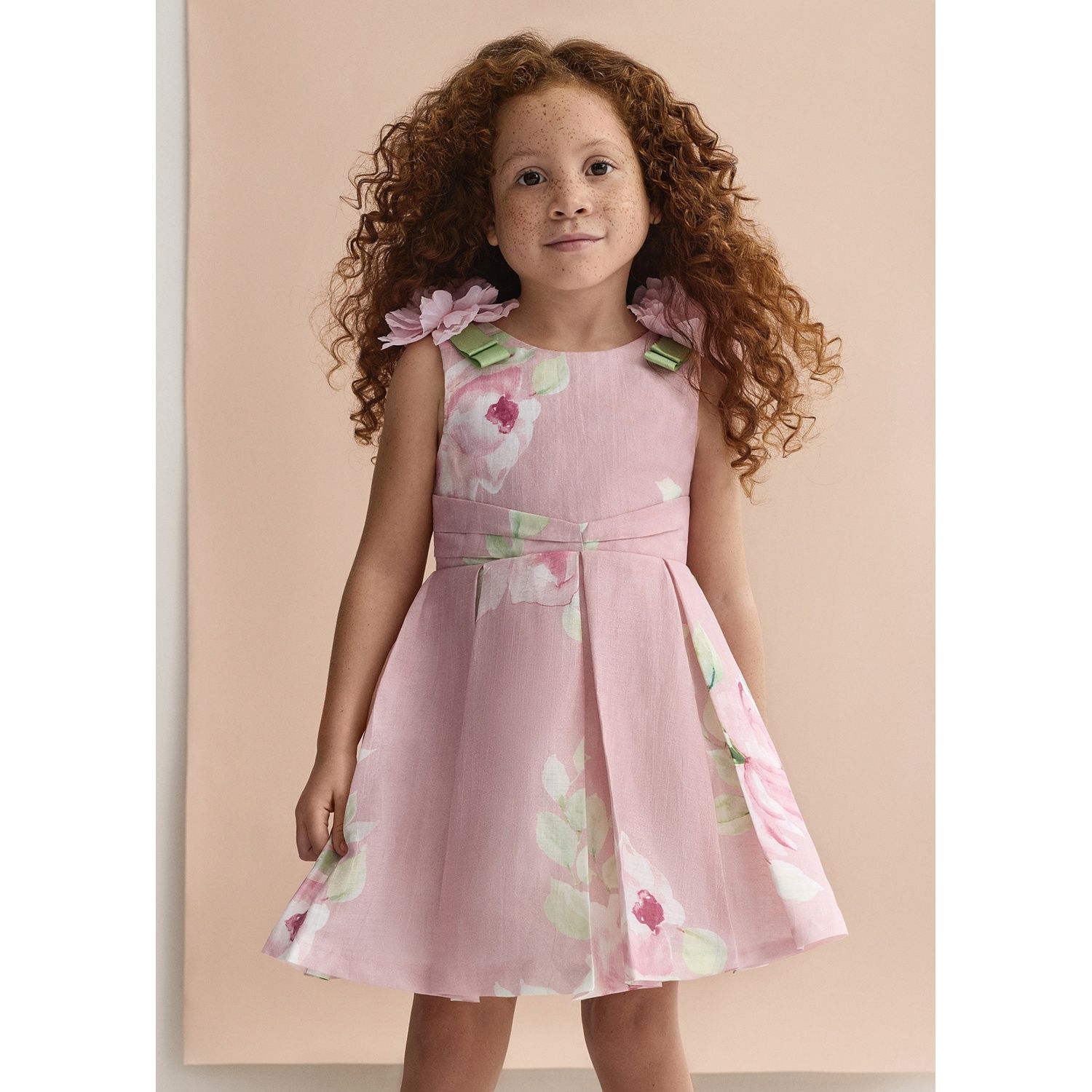 ROSE LINEN DRESS PRINTED/PLEATED FLOWER APPLIQUE / 5033-006
