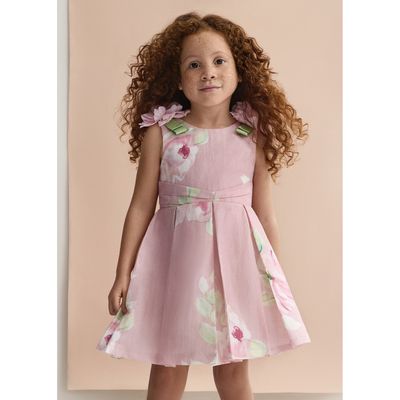 ROSE LINEN DRESS PRINTED/PLEATED FLOWER APPLIQUE / 5033-006