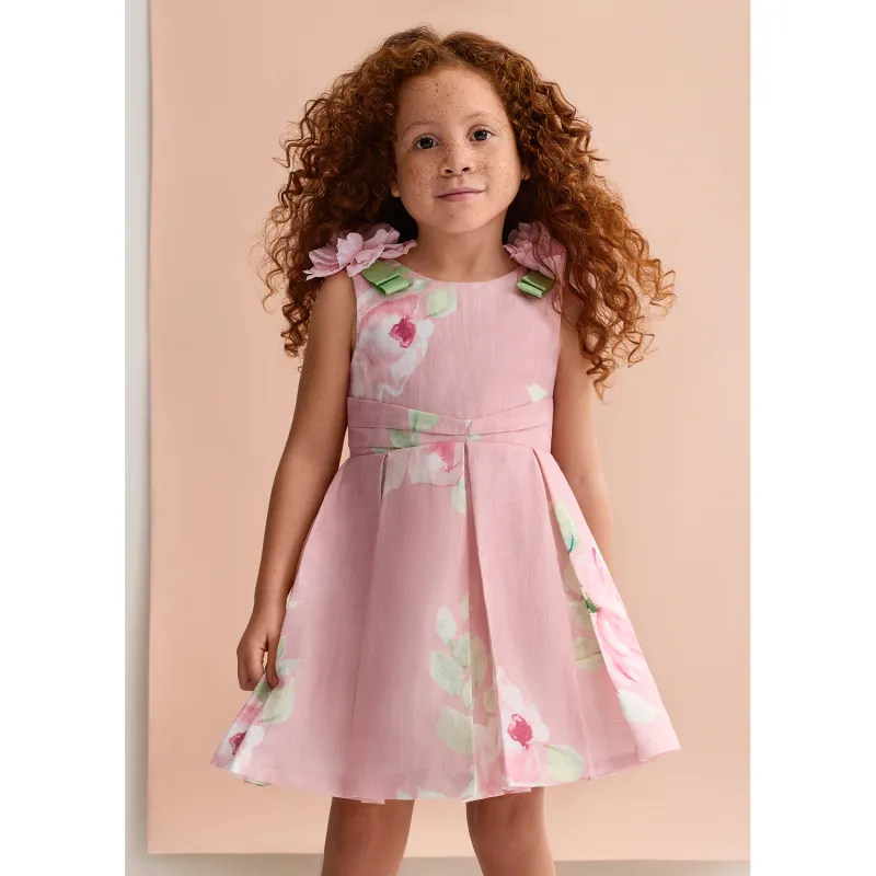 ROSE LINEN DRESS PRINTED/PLEATED FLOWER APPLIQUE / 5033-006