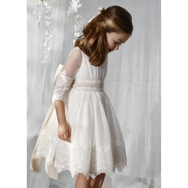 CREAM GUIPERE EMBROIDERED DRESS GOLD BELT WITH SLEEVES / 5028-003