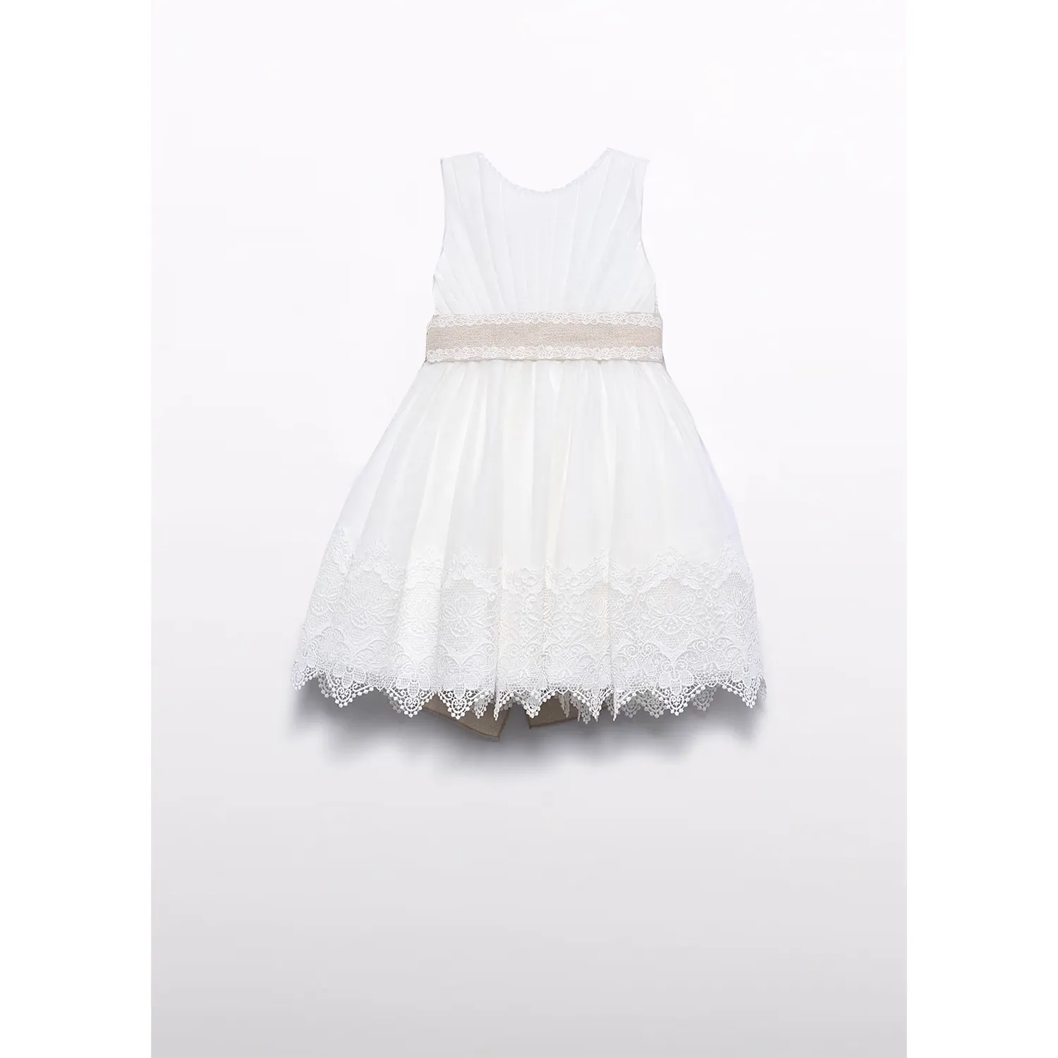 CREAM GUIPERE EMBROIDERED DRESS GOLD BELT WITH SLEEVES / 5028-003