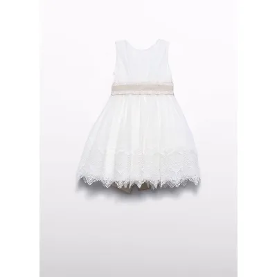 CREAM GUIPERE EMBROIDERED DRESS GOLD BELT WITH SLEEVES / 5028-003